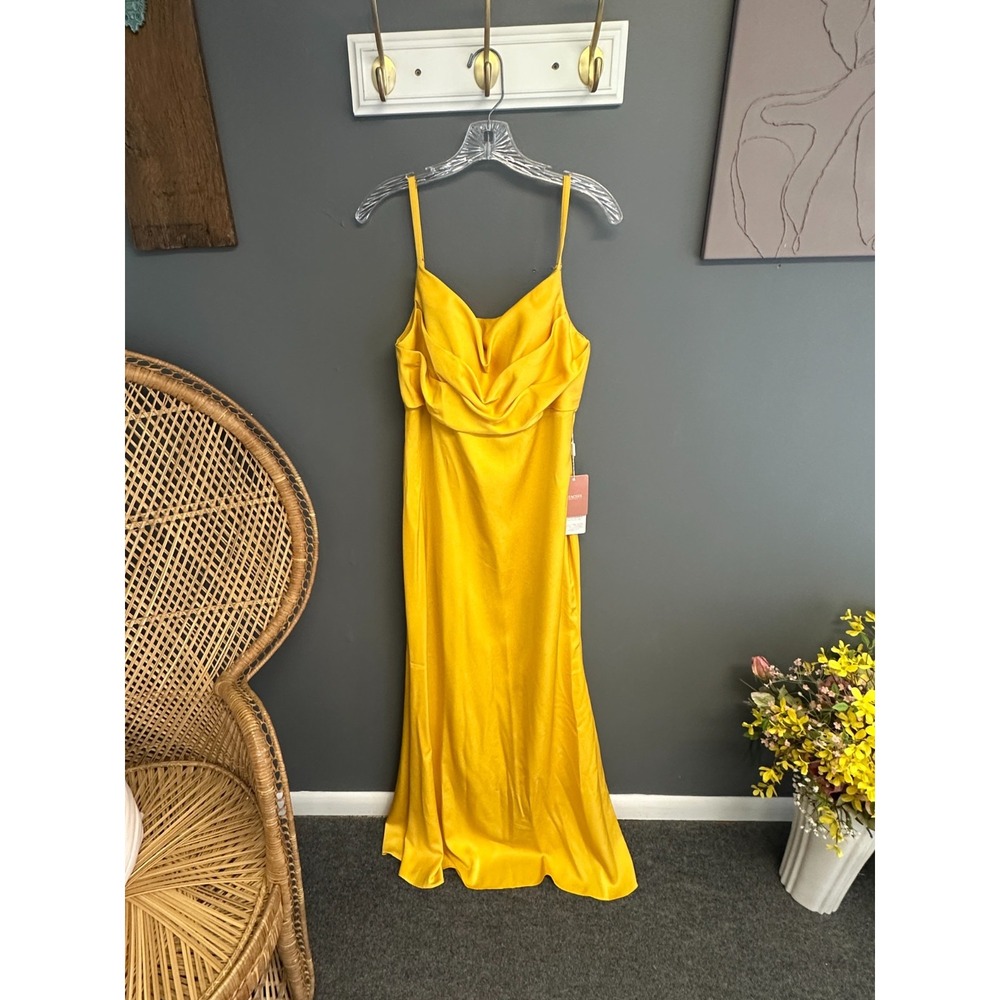 Stacees Marigold Yellow Satin Womens Size 12 Gown Plunging Formal Dress NWT